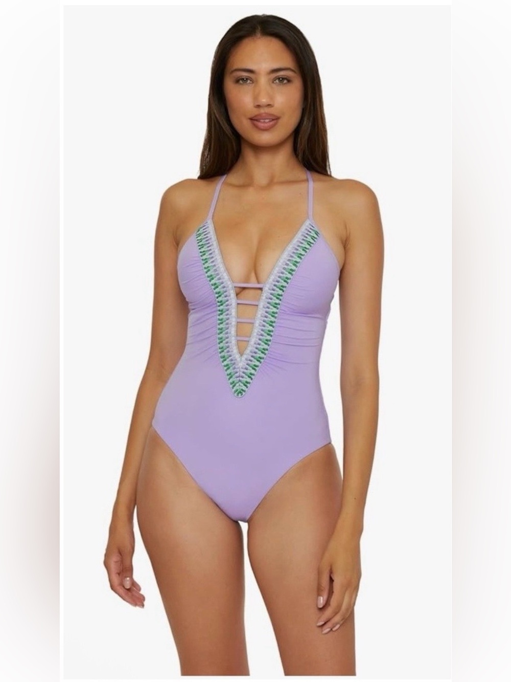 Becca Lavender Deep V One-Piece Swimsuit with Trim new